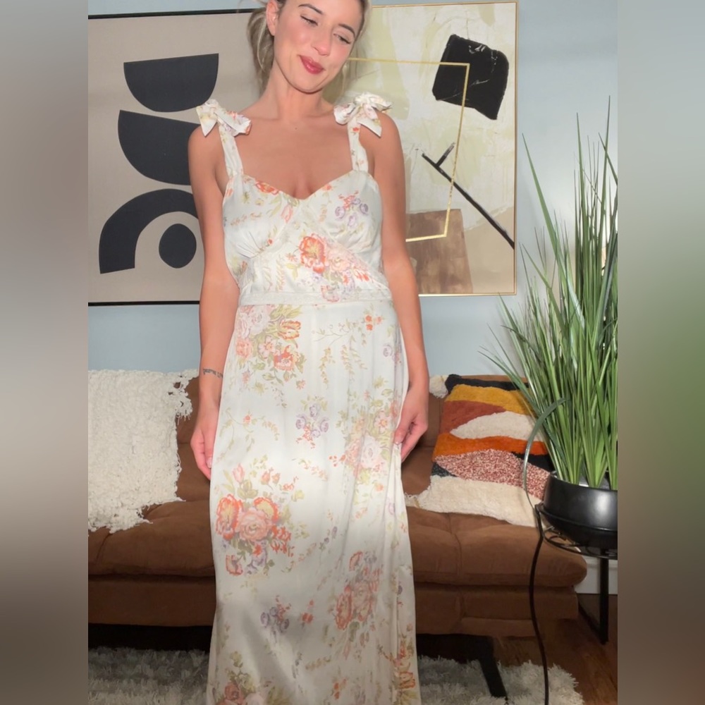 Lauren Conrad silk midi dress floral and cream tied straps